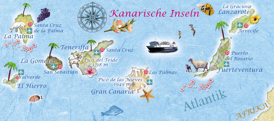 illustrierte Landkarte der Kanarischen Inseln für Freundin DONNA © Caroline Ronnefeldt
