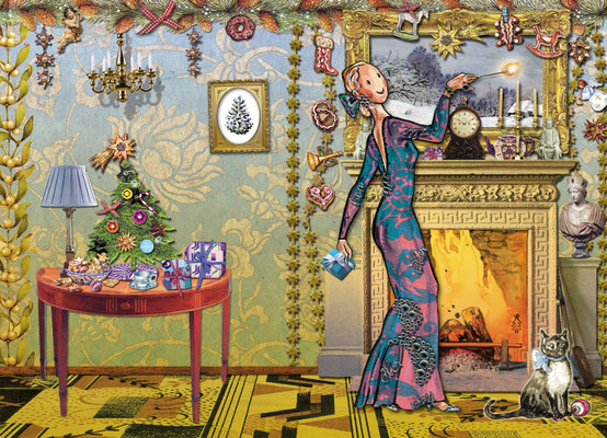Weihnachtskarte Little Lady am Kamin Mischtechnik Caroline Ronnefeldt für Edition Tausendschön