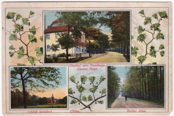 1914 - Postkarte mit Gasthof zum Forsthaus, Schloss Sandfort und der Borker Allee