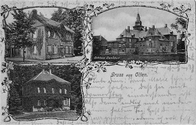 1920 - Postkarte mit Forsthaus, Schloss Sandfort und Rentei