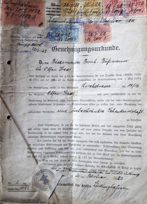 Genehmigungsurkunde aus dem Jahre 1922