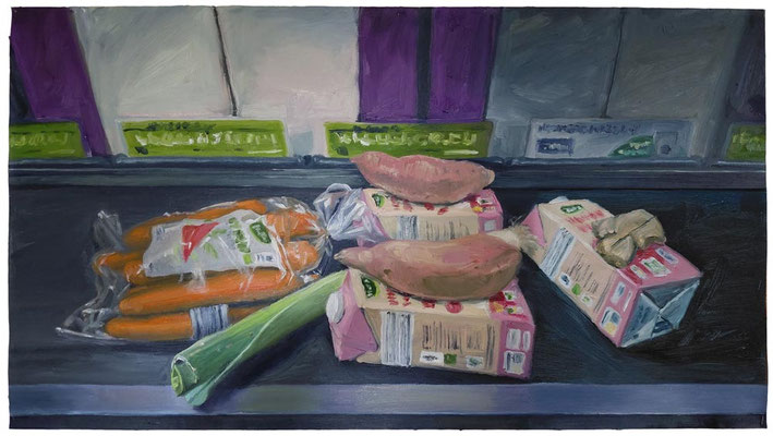 "Kassenband Jessicas Süßkartoffel-Ingwersuppe, Summe 11,30€", Öl auf Leinwand auf MDF-Platte, 90 x 50cm, 2026