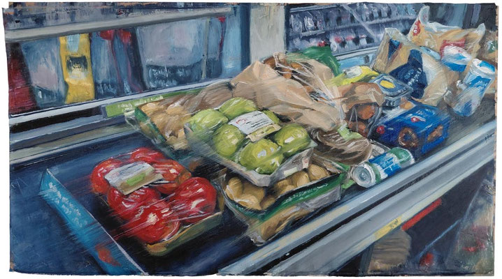 "Kassenband Monatsanfang, Summe 23,90€", Öl auf Leinwand auf MDF-Platte, 90 x 50cm, 2026