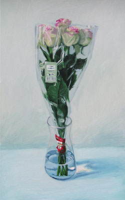 „Premium Fresh Rosen, 4,50€", Öl auf Leinwand, 50x 80cm, 2024