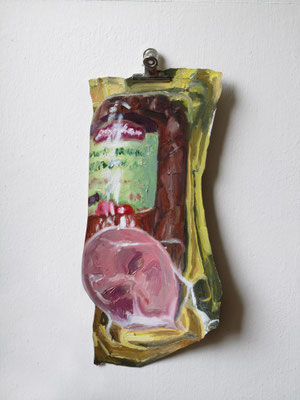 „Bierschinken, 2,99 €“ , Öl auf ausgeschnittener Leinwand, 19 x 42 cm, 2021
