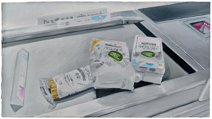 "Kassenband Alles Bio, Summe 6,39€", Öl auf Leinwand auf MDF-Platte, 90 x 50cm, 2026