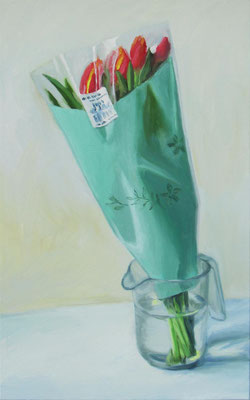 „Schnittblumen Tulpen, 2,99€", Öl auf Leinwand, 50x 80cm, 2024