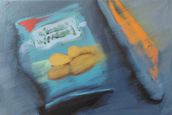 "Kekspackung und Warentrenner 3" Öl auf Malkarton, 30 x 20cm, 2026