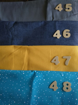 Tissus 45 gris, 46 bleu jean's, 47 ambre jaune, 48