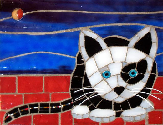 Spotted Kitten - made with stained glass, vitreous, millefiori, glass fusions, and elastic line 4x5" - sold