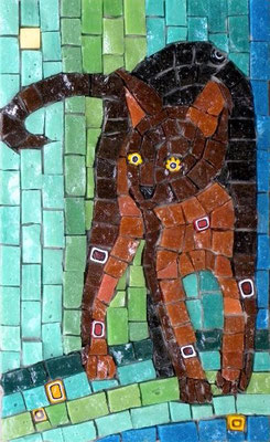 Brown Kitty - made with Italian smalti and millefiori, 5x8" - sold