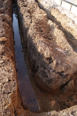 In dem ausgehobenen Rohrgraben ist wieder deutlich das Grundwasser zu sehen.