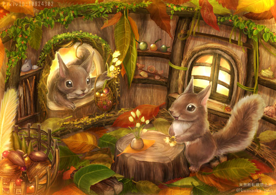 2022年12月　二匹のリス　去年に描き途中だった絵を加筆しました。