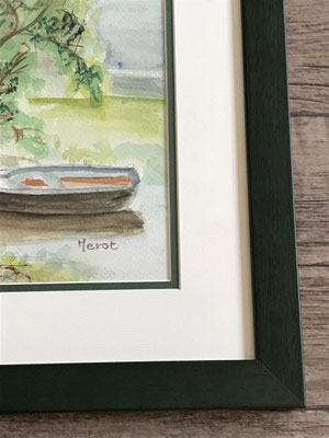 aquarelle peinture passe partout double cadre encadrement bordure décoration intérieur etang lac eau barque romantique feuillage arbre création réalisation passion 