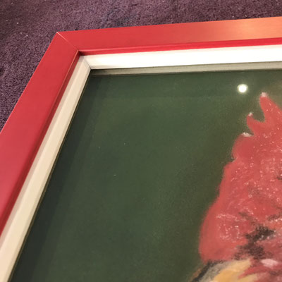 poule coq volaille pastel dessin réalisation creation encadrement cadre profondeur espace oeuvre réalisation passion marie louise baguette rouge crete poulailler
