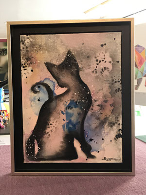 Peinture toile chat severine bugna art artiste décoration oeuvre intérieur chat caisse américaine caisson encadrement cadre espace noir filet argent minou miaou 