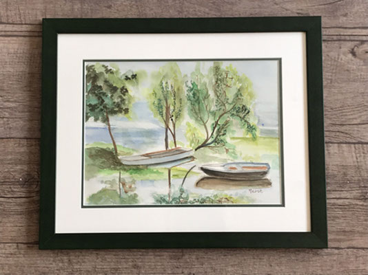 aquarelle peinture passe partout double cadre encadrement bordure décoration intérieur etang lac eau barque romantique feuillage arbre création réalisation passion 