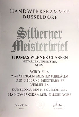 Silberner Meisterbrief Neuss Düsseldorf 