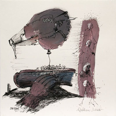 Aufgeblasener Diktator, 20 x 20 cm, Mischtechnik auf Papier, 2011