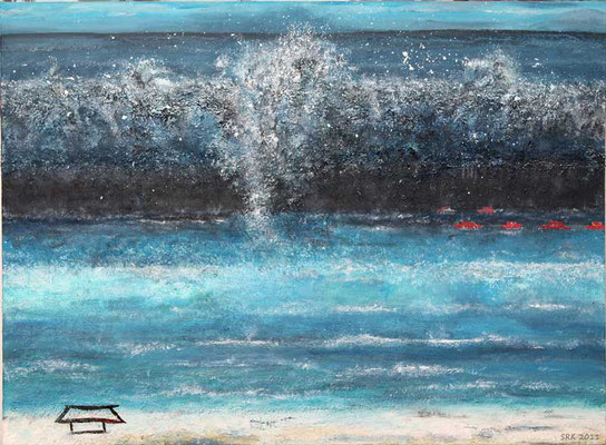 Tsunami 2, 60 x 80 cm, Collage, Acryl und Papier auf LW, 2011