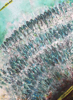Überfischung, 80 x 60 cm, Collage Acryl, Aufkleber "Vorteilspack", auf LW, 2009