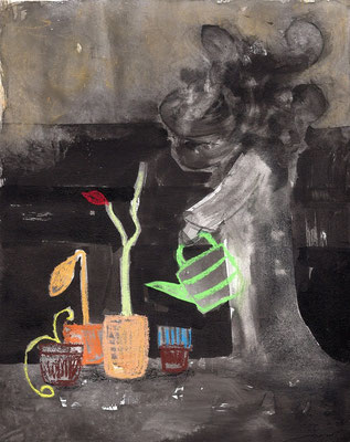 Watering the PLants, Mixed Media on MDF - 100 euro