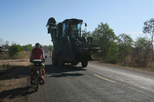 On n'avait pas vu de si gros engins depuis bien longtemps : une moissonneuse-coupeuse de canne a sucre
