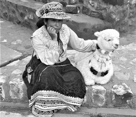 Die Touristenführerin und ihr Lama in Yanque, Peru