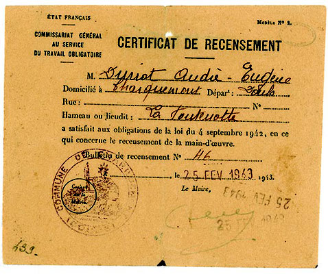 Certificat de recensement du service du travail obligatoire (STO ) - Coll. Musée de la Résistance nationale à Champigny-sur-Marne