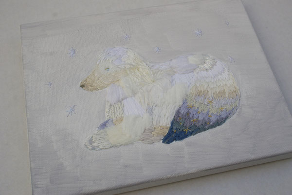 「dog」、14×18cm、刺繍、アクリル