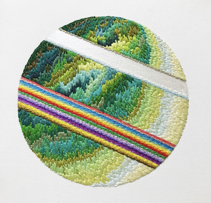 「脈」正方形キャンバス（200x200mm）刺繍、アクリル、雲母