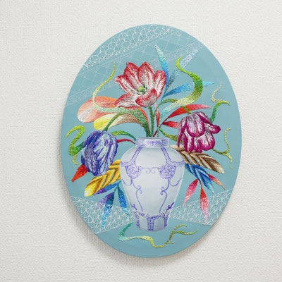 「遊戯」45×35cm、刺繍、アクリル