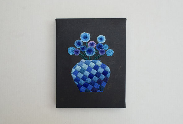 「青い時」14×18cm、刺繍、アクリル、メディウム