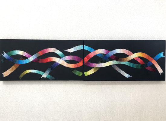 「spiral」キャンバス（300x600mm）×2、刺繍、アクリル、雲母