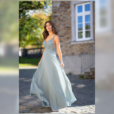 Abendmode Abiballkleid Brautjungfer Trauzeugin Brautmutter Chiffon Spitze transparent vorne