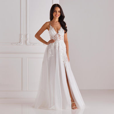 Brautkleid Prinzessin Spitze transparent Glitzertüllrock vorne