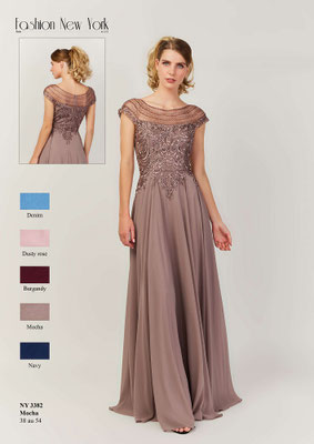 Abendmode Abiballkleid Brautjungfer Trauzeugin Brautmutter aus Chiffon mit Glitzer und Tattoo-Spitze  vorne