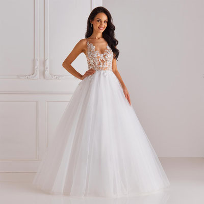 Brautkleid Prinzessin Spitze transparent Tüllrock vorne