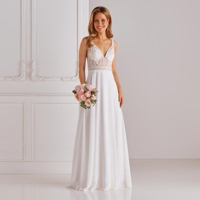 Brautkleid Standesamtkleid transparent Spitze Chiffonrock vorne