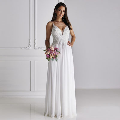 Brautkleid Standesamtkleid aus Chiffon und Spitze mit Spaghettiträgern