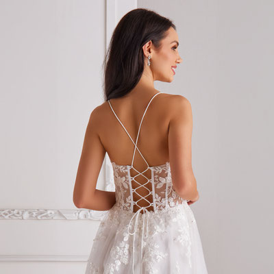 Brautkleid Prinzessin Spitze transparent Glitzertüllrock hinten