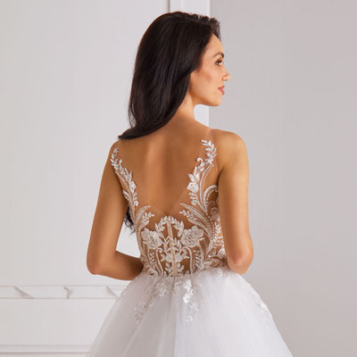 Brautkleid Prinzessin Spitze transparent Tüllrock hinten
