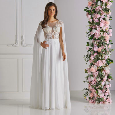 Brautkleid Hochzeitskleid transparentes Oberteil mit Cape-Ärmel aus Chiffon