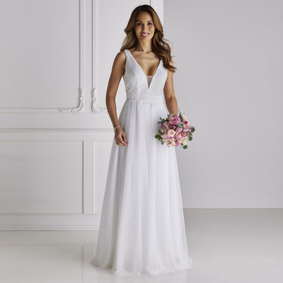 Brautkleid  aus Tüll mit Punkten und Häkelspitze Vintage Boho