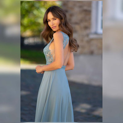 Abendmode Abiballkleid Brautjungfer Trauzeugin Brautmutter Chiffon Spitze transparent hinten