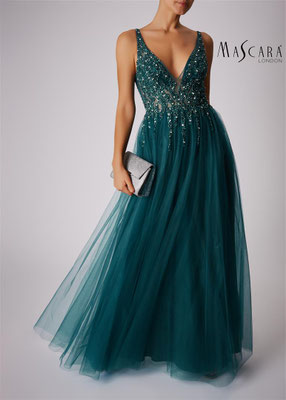 Abendmode Abiballkleid Festmode transparentes Glitzeroberteil mit Tüllrock forest