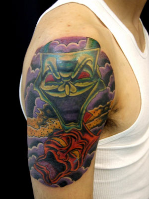 two face mask tattoo cover up Genestar Tattoo Okinawa JAPAN