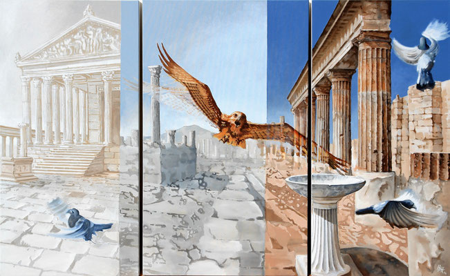 Hawk alight on Pompeii - triptico - oil with sand on canvas - 163 x 100 cm