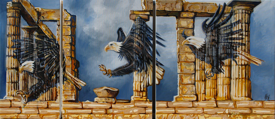Eagle lands at Poseidon- triptych -oil with sand on canvas - 184cm x 80cm 