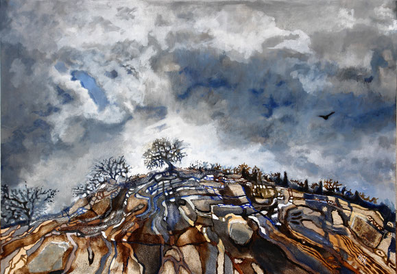 Colina com Carrasqueiro - oil with sand and slices  on canvas - 70 x 100 cm